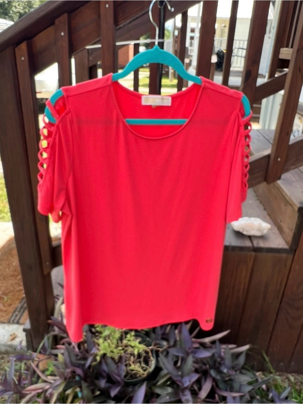 Michael Kors Coral Cold-Shoulder Short Sleeve Top